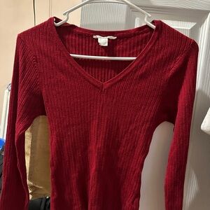 Red V-Neck Ribbed Sweater
